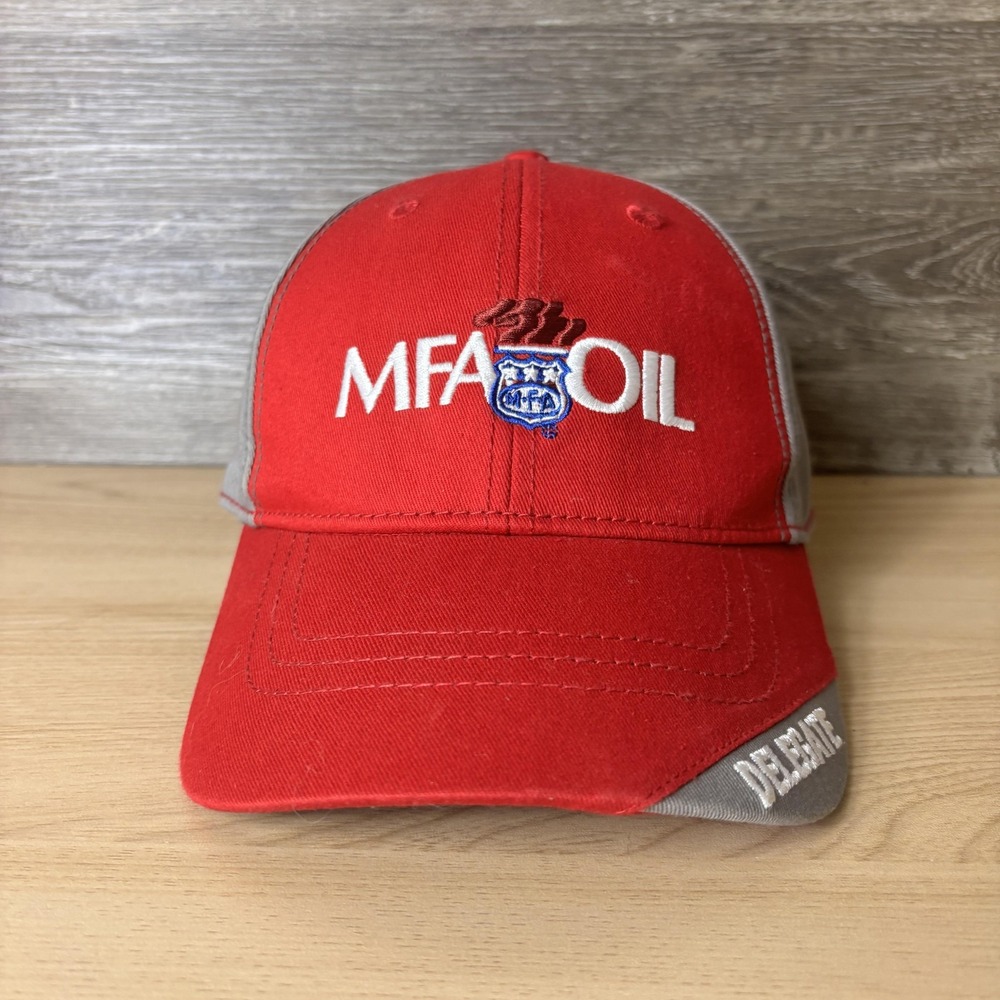 MFA Oil Hat Cap Strap Back Red Gray Delegate Embroidered Logo Advertising Mens